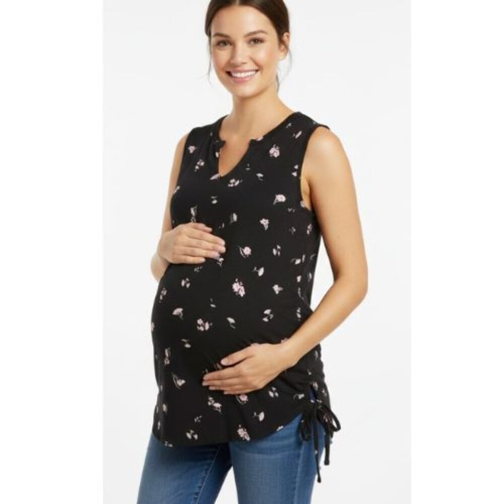 Paisley sky maternity black pink flowers stretchy tank top Large